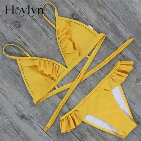 Floylyn 2017 Sexy Bikini Set Padded Cami Frilly High Leg Cut Biquinis Cute Girl Swimsuit