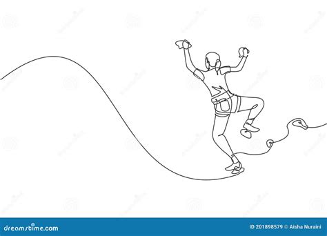 One Continuous Line Drawing Of Young Bravery Climber Woman Practice