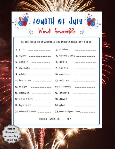 Fourth Of July Word Scramble Game Independence Day Game Etsy Independence Day Game Scramble