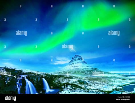 View Of The Northern Light Over Kirkjufell Mountain In Iceland Stock