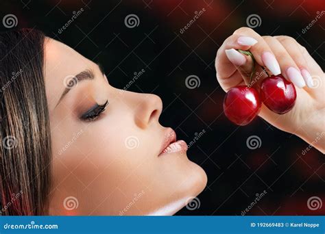 Face Shot Of Sensual Woman Holding Cherries Stock Image Image Of Facial Macro