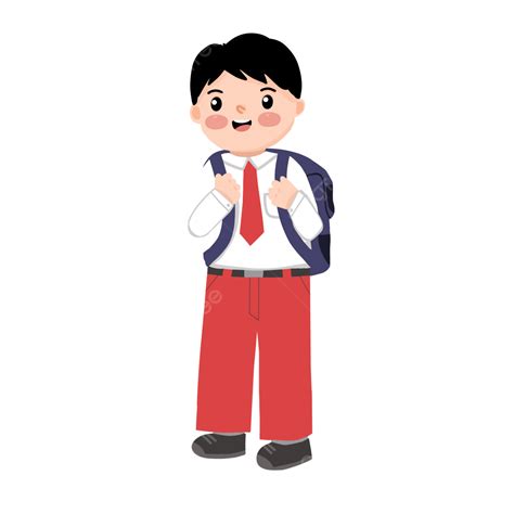 Cute Cartoon Indonesian Elementary School Wearing Uniform Indonesian