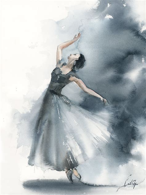 Ballerina In Blue Grey Original Watercolor Painting Ballet Dance Loose