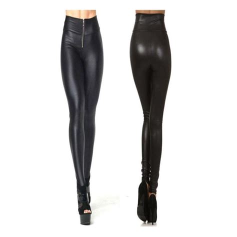 Nducjsi Sexy Leggings Zipper Front Women Black Pants Leather Plus Size Legging Club Fitness High