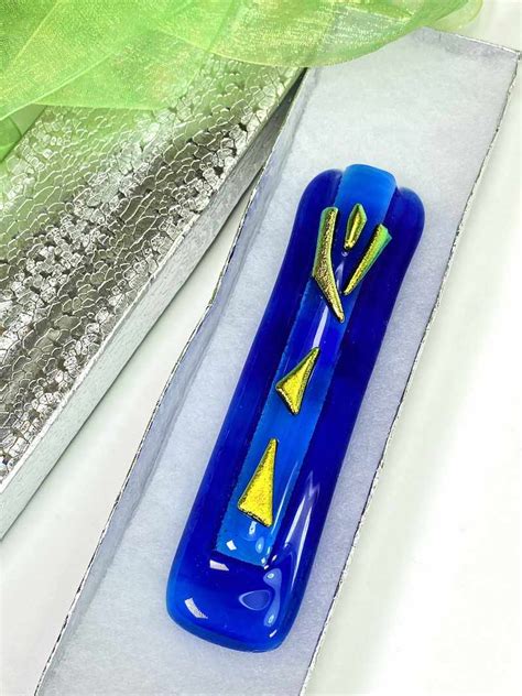 Fused Glass Mezuzah Case Handmade Blue With Yellow Dichroic Glass
