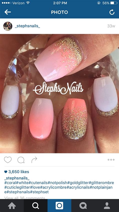 Summer Spring Nails Coral White Gold Glitter Ombr Fade Coffin Medium