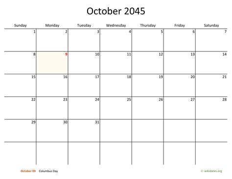 October 2045 Calendar With Bigger Boxes