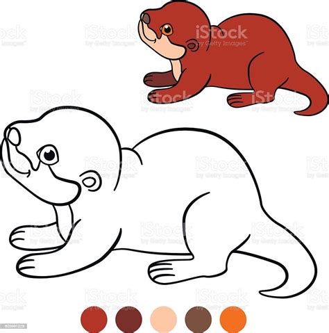 Coloring Page Little Cute Baby Otter Smiles Stock Illustration