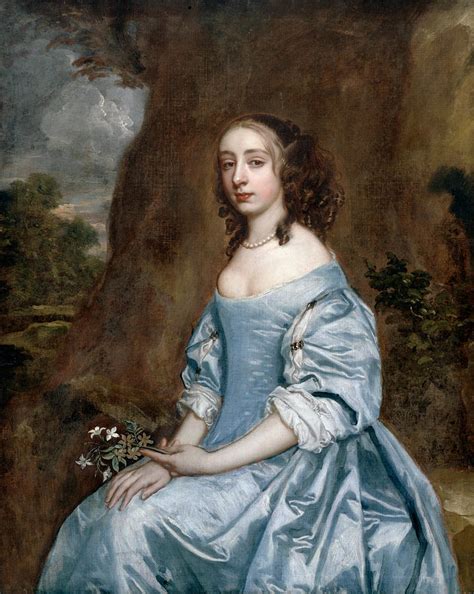 Portrait Of A Lady In Blue Holding A Flower Painting By Peter Lely