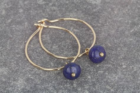 Lapis Lazuli Golden Hoops Earrings 14 Carat Gold Fill Classic Gold