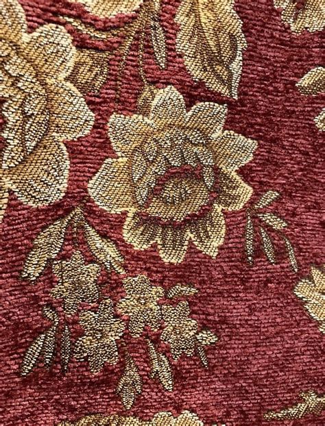 Designer Burnout Floral Chenille Fabric Antique Red Gold Upholstery