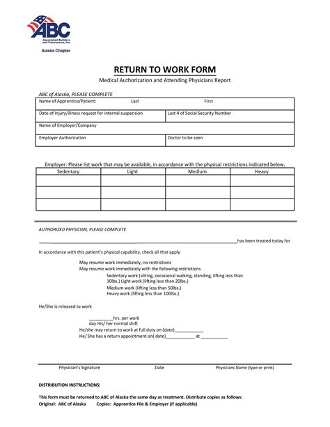 Free Return To Work Form Template