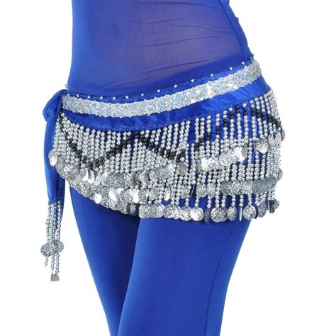 Belly Dance Silver Coins Hip Scarf Dangling Tassels Skirt Blue