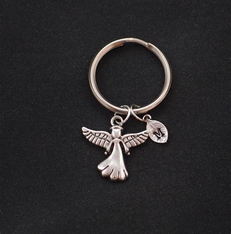 Angel Keychain Initial Keychain Silver Guardian Angel Charm