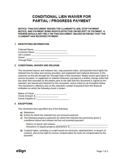 Free Conditional Lien Waiver For Partial Payment Pdf Word