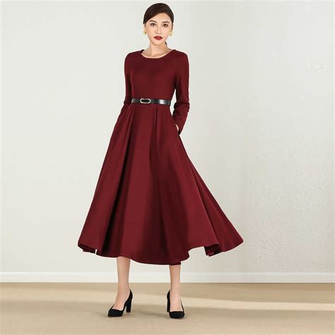 Burgundy Wool Dress Long Sleeve Wool Dress Long Wool Dress Etsy