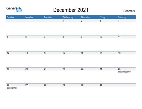 Denmark December 2021 Calendar With Holidays