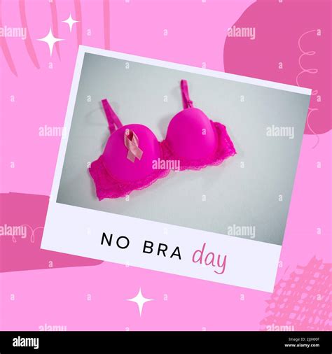 Image Of No Bra Day Over Pink Background And Photo With Pink Bra Stock