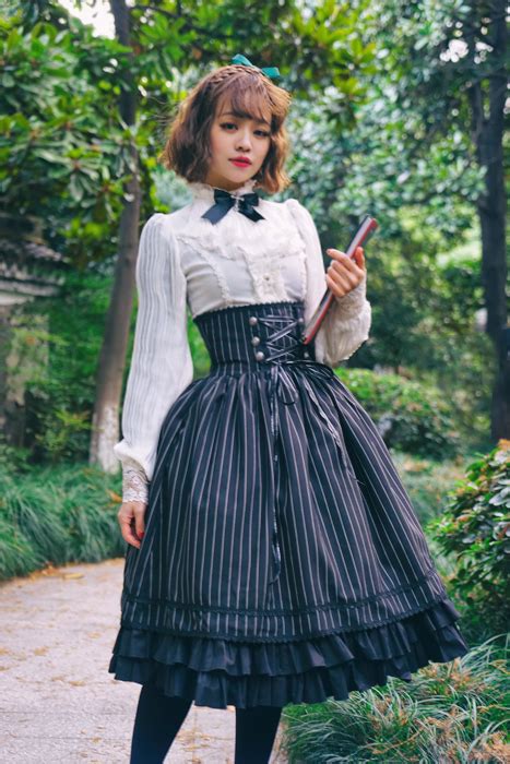 Surface Spell Gothic Academy Striped Lolita High Waist Skirt