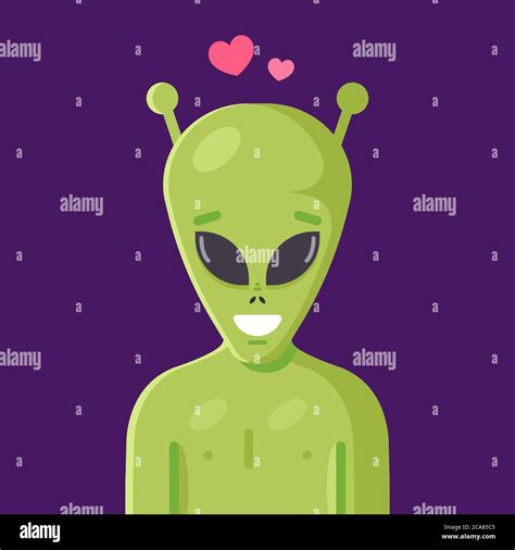 Cute Smiling Green Alien Humanoid In Love Flat Vector Character