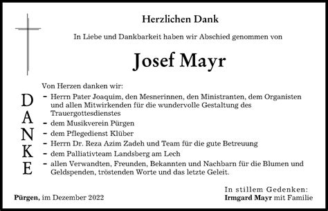 Traueranzeigen Von Josef Mayr Augsburger Allgemeine Zeitung