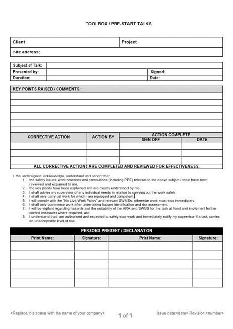 Toolbox Meeting Record Sample Form Business