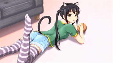 Brunette Long Hair Eyes Cat Girl Lying On Front Anime