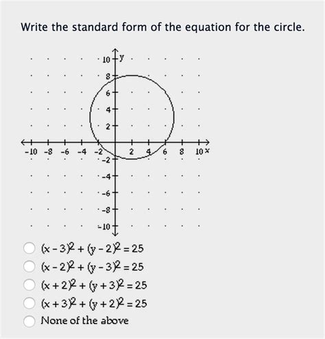 For example, 2x+3y=5 is a linear equation in standard form. Solved: Write The Standard Form Of The Equation For The Ci... | Chegg.com