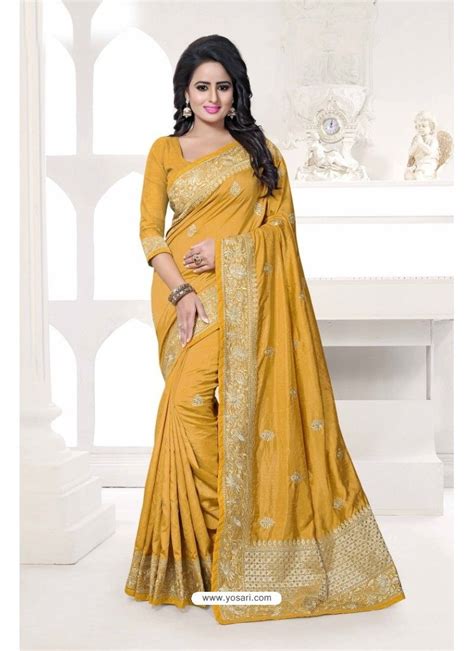 Fabulose Yellow Art Silk Embroidered Saree Silk Sarees Traditional Sarees Silk Wedding Dress