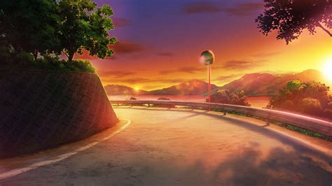 Download 1920x1080 Anime Landscape Sunset Scenery Road Trees Sky Wallpapers For Widescreen