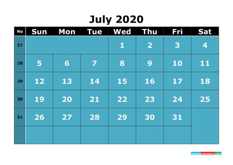 Printable July 2020 Calendar Template Word Pdf