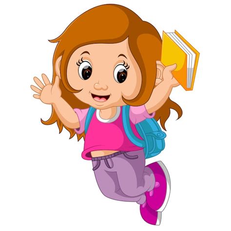 Dibujos Animados De Niña De La Escuela Caminando Vector Premium