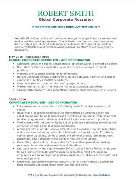 Corporate Recruiter Resume Samples Qwikresume