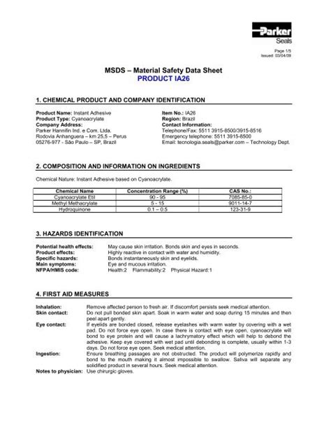 MSDS Material Safety Data Sheet PRODUCT IA26 Parker