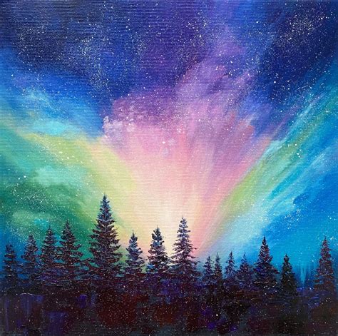 Aurora Borealis Painting Northern Lights Canvas Artwork Night Etsy