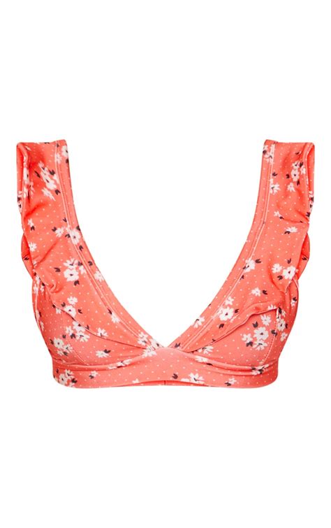 Red Ditsy Floral Frill Bikini Top Swimwear Prettylittlething