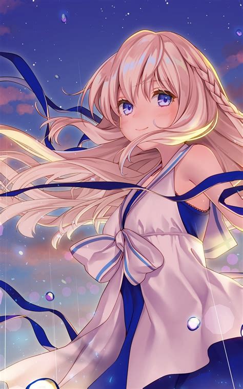 Download 1600x2560 Anime Girl Blonde Long Hair Dress Raining