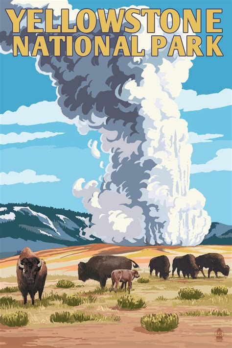 Print Yellowstone National Park Wyoming Old Faithful Geyser And Bison