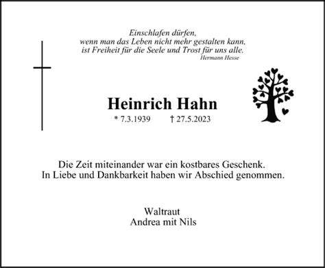 Traueranzeigen Von Heinrich Hahn Trauer In Nrwde
