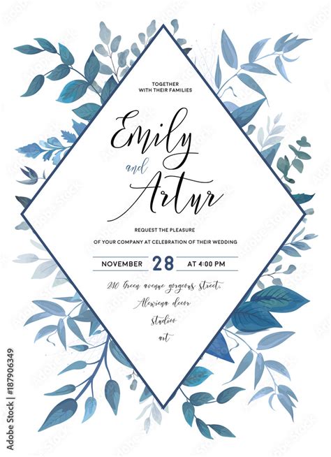 Wedding Invite Invitation Save The Date Card Design With Watercolor Blue Color Leaves