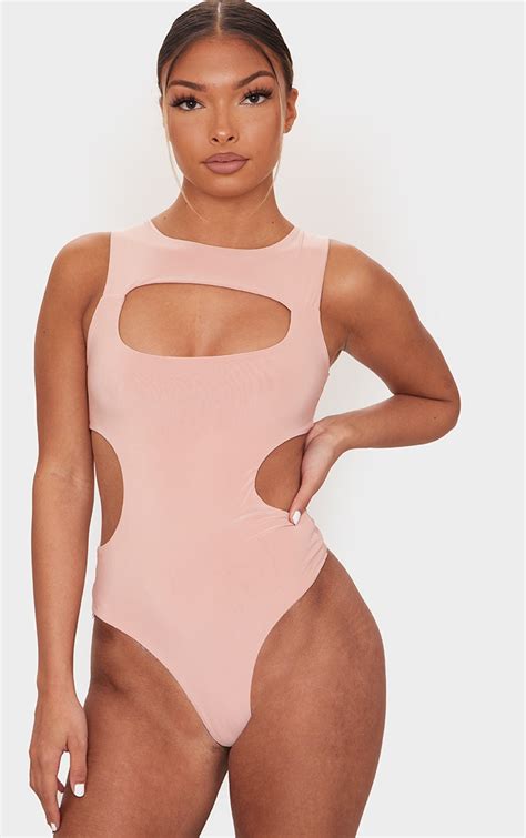 Blush Pink Slinky Front Cut Out Racer Bodysuit Prettylittlething