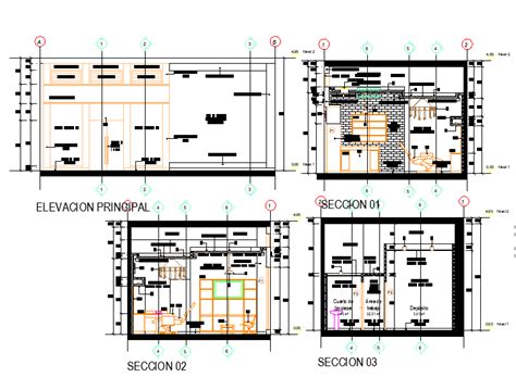 Elevation And Different Axis Section View For Self Catering Apartment