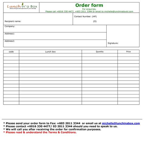 Lunch In A Box Order Form