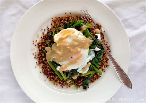 Spiced Quinoa Spinach And Poached Egg With Tahini Sauce