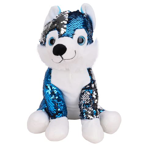 Toyland® 29cm Blue And Silver Husky Plush Soft Toy With Sequin Reveal Sequins Toyland