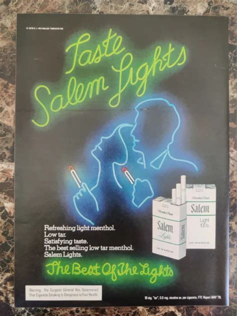 Salem Lights Cigarettes Ad 1979 Neon Sign Look Vintage Magazine Print