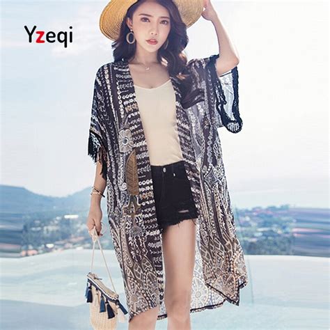 yzeqi summer kimono cardigan printing women loose long blouses shirt chiffon beach shirts