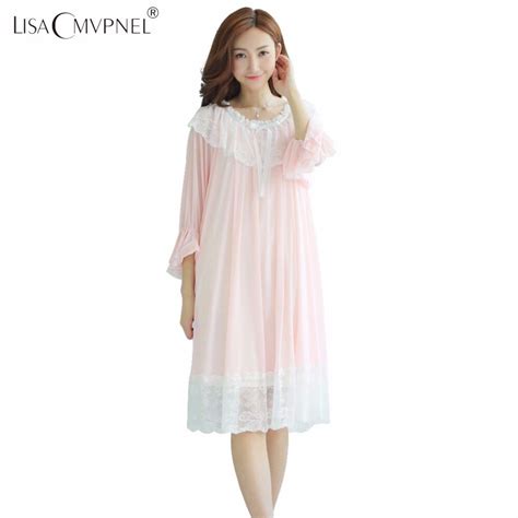 Lisacmvpnel Modal Cotton Loose Lace Women Nightgown Mid Calf Retro Princess Style Female