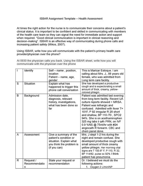 Isbar Respi Mr J ISBAR Assignment Template Health Assessment At
