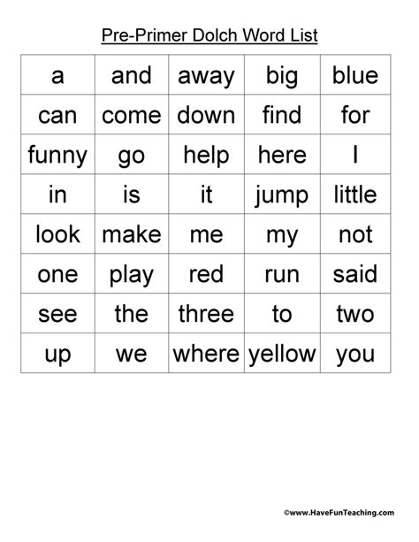 Kindergarten Dolch Sight Words List Printable Printable Templates